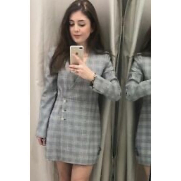 NWT ZARA Blogger Favorite Gray Black Plaid Blazer Mini Dress XS Preppy - Picture 4 of 13
